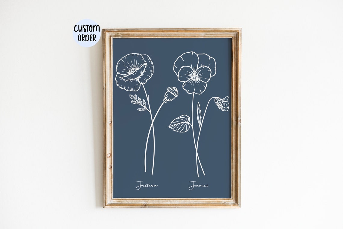 Navy Blue Line Art Birth Flowers Personalized Couples Names Art Poster