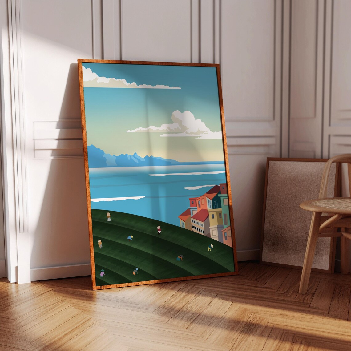 Vintage Coastal Village Travel Hillside Sea View Retro Art Poster - Image 2