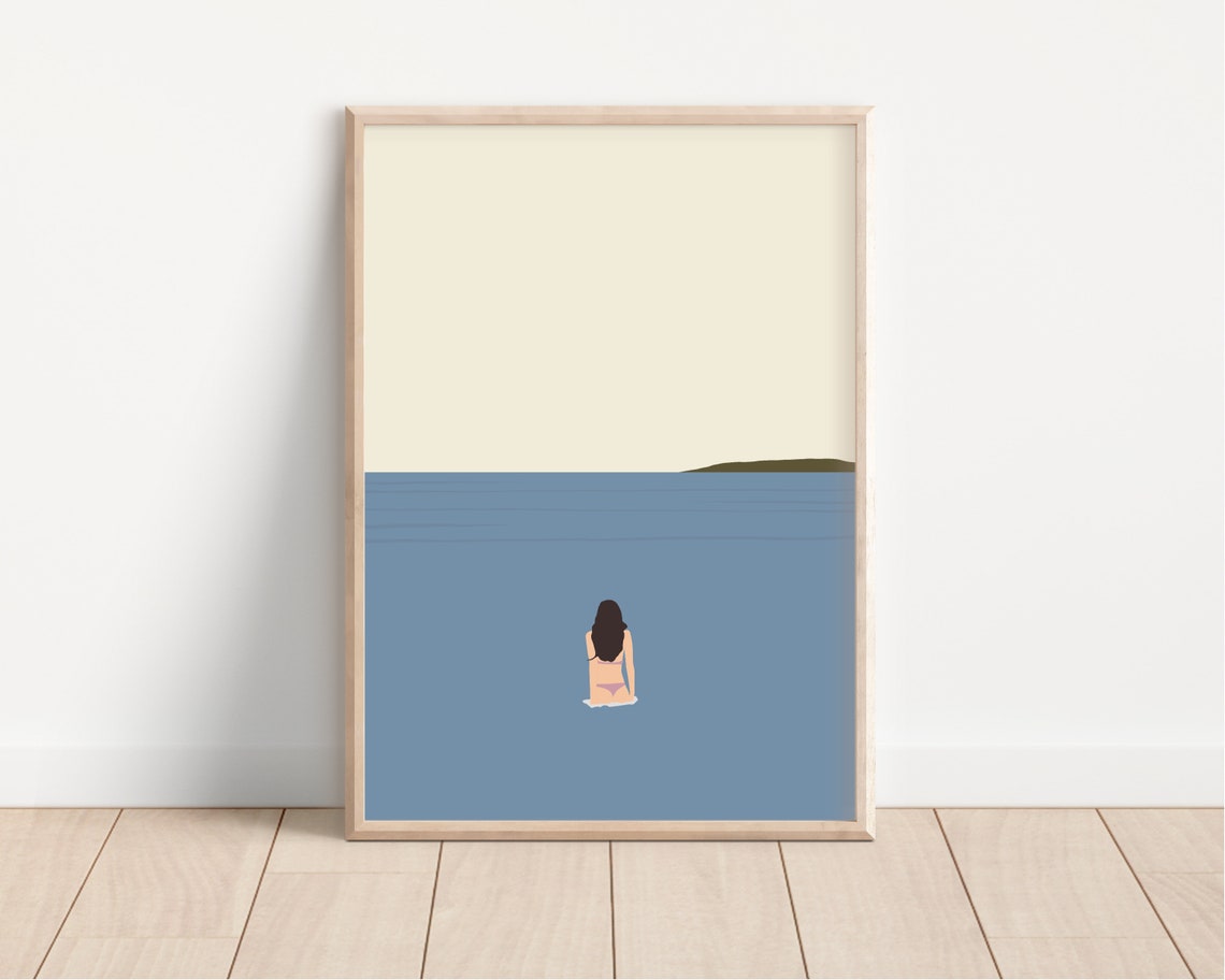 Lone Swimmer Minimalist Ocean Poster Tiny Woman Floating in Blue Sea - Image 3