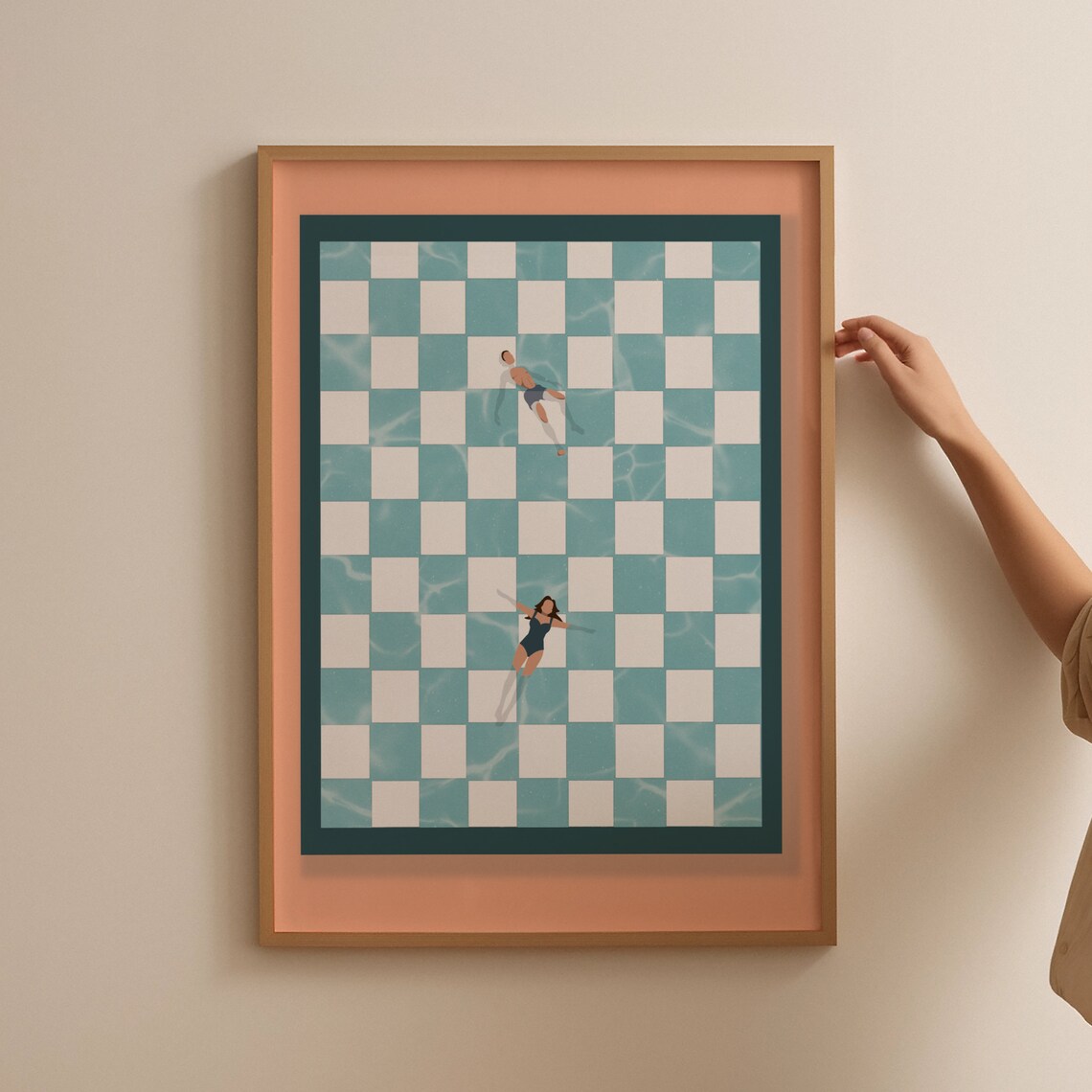 People At Pool Retro Checkerboard Poster Art Print