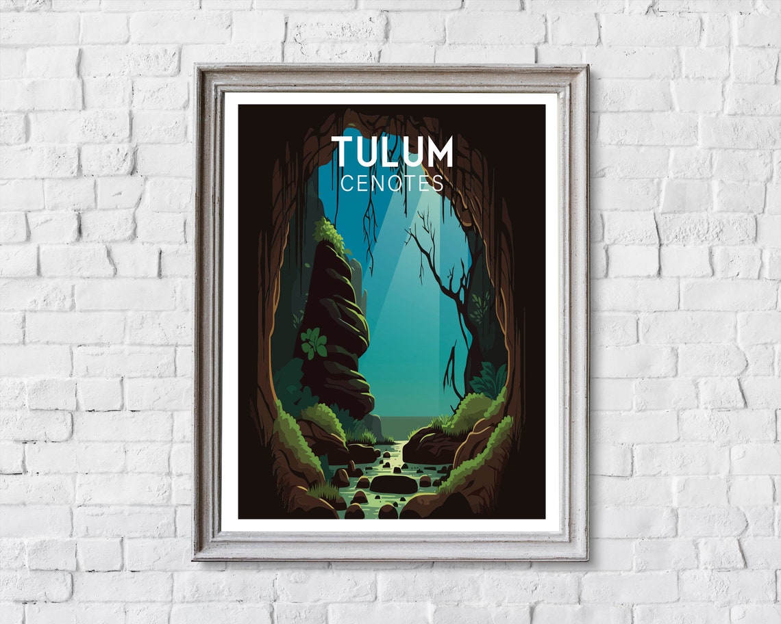 Tulum Cenotes Retro Mexico Travel Cave Illustration Art Poster - Image 2