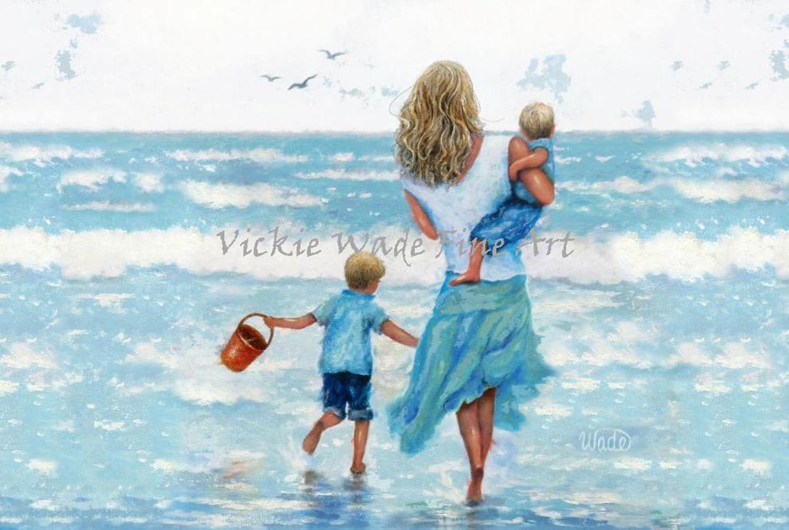 Blonde Mother and Two Sons Walking into the Ocean Waves Poster