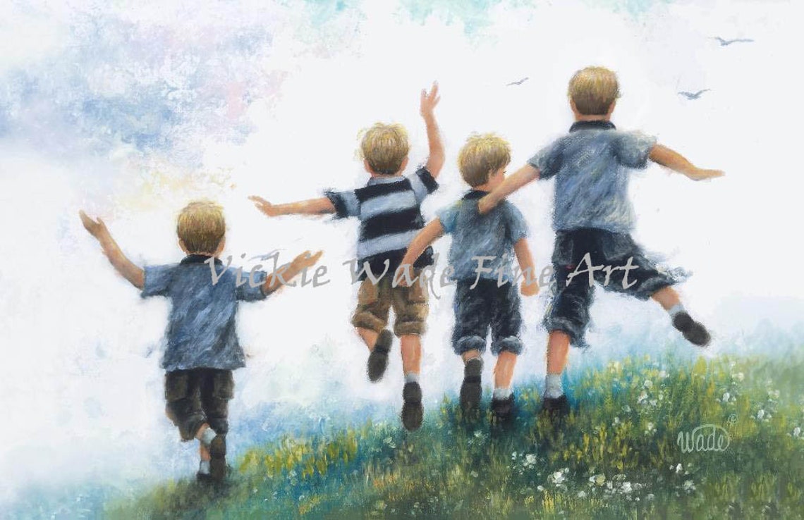Four Brothers Running in a Sunny Green Meadow Together Poster
