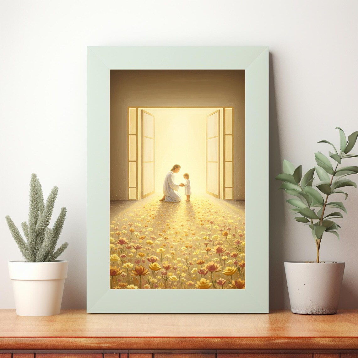 Parent And Child In Golden Doorway Floral Meadow Light Poster
