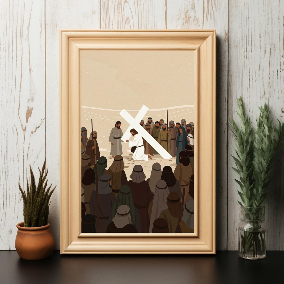 Jesus Carrying the Cross Before the Crowd Christian Art Poster