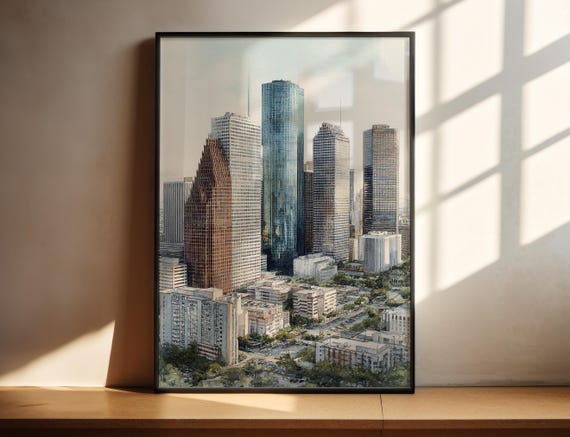 Houston Watercolor Art Tx Travel Print Texas Artwork Decor Skyline Wall