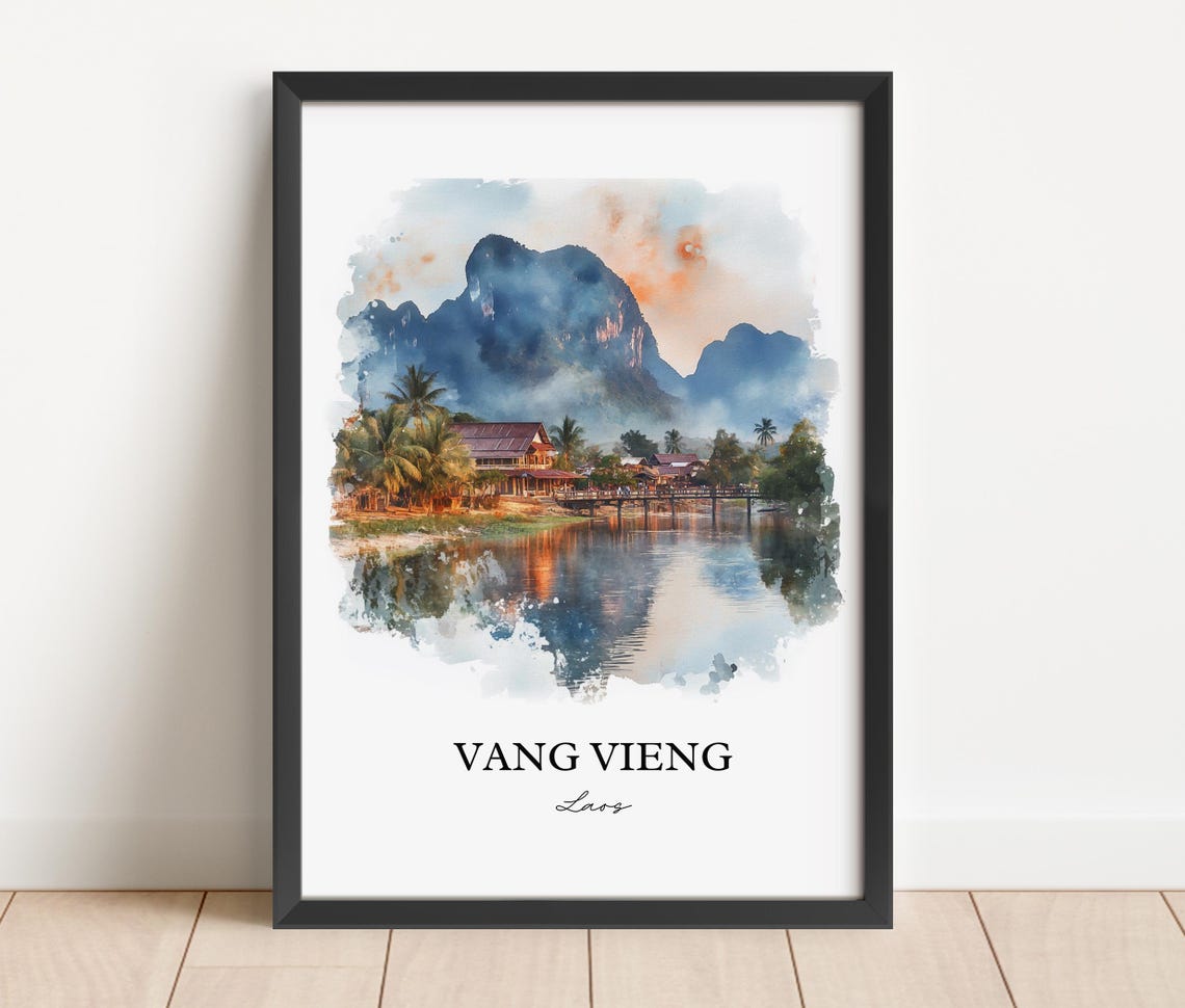 Vang Vieng Laos Watercolor Karst Mountains Sunset River Poster - Image 2