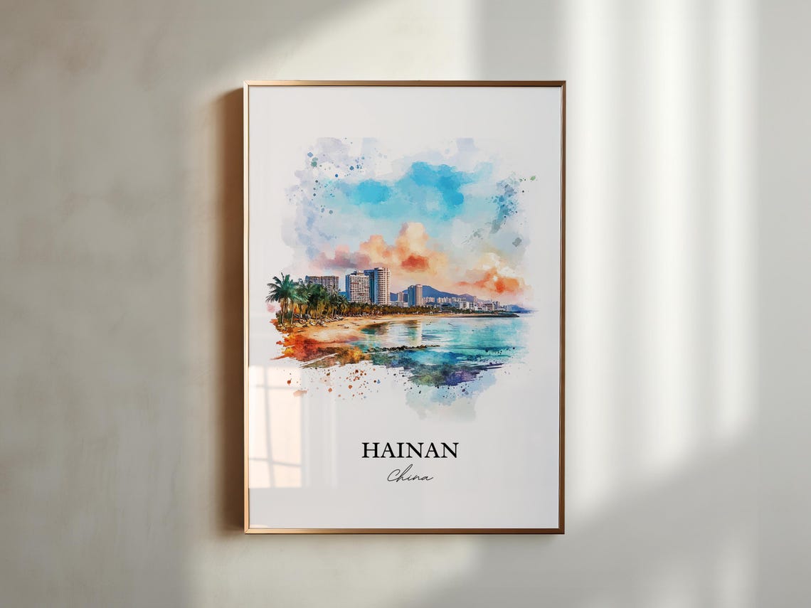 Hainan China Watercolor Beach Skyline Tropical Sunset Poster - Image 5