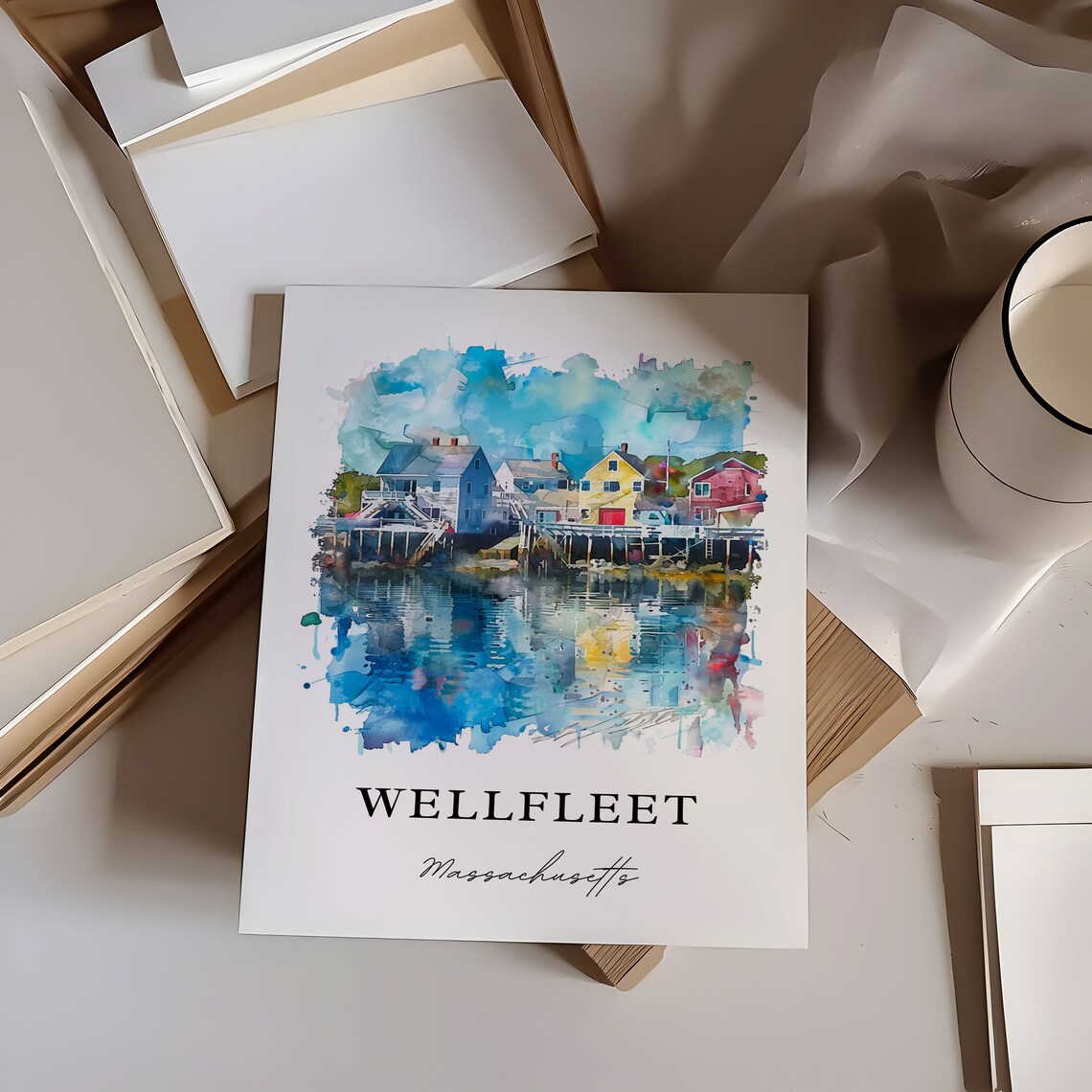 Wellfleet Massachusetts Watercolor Harbor Houses Scene Art Poster - Image 6