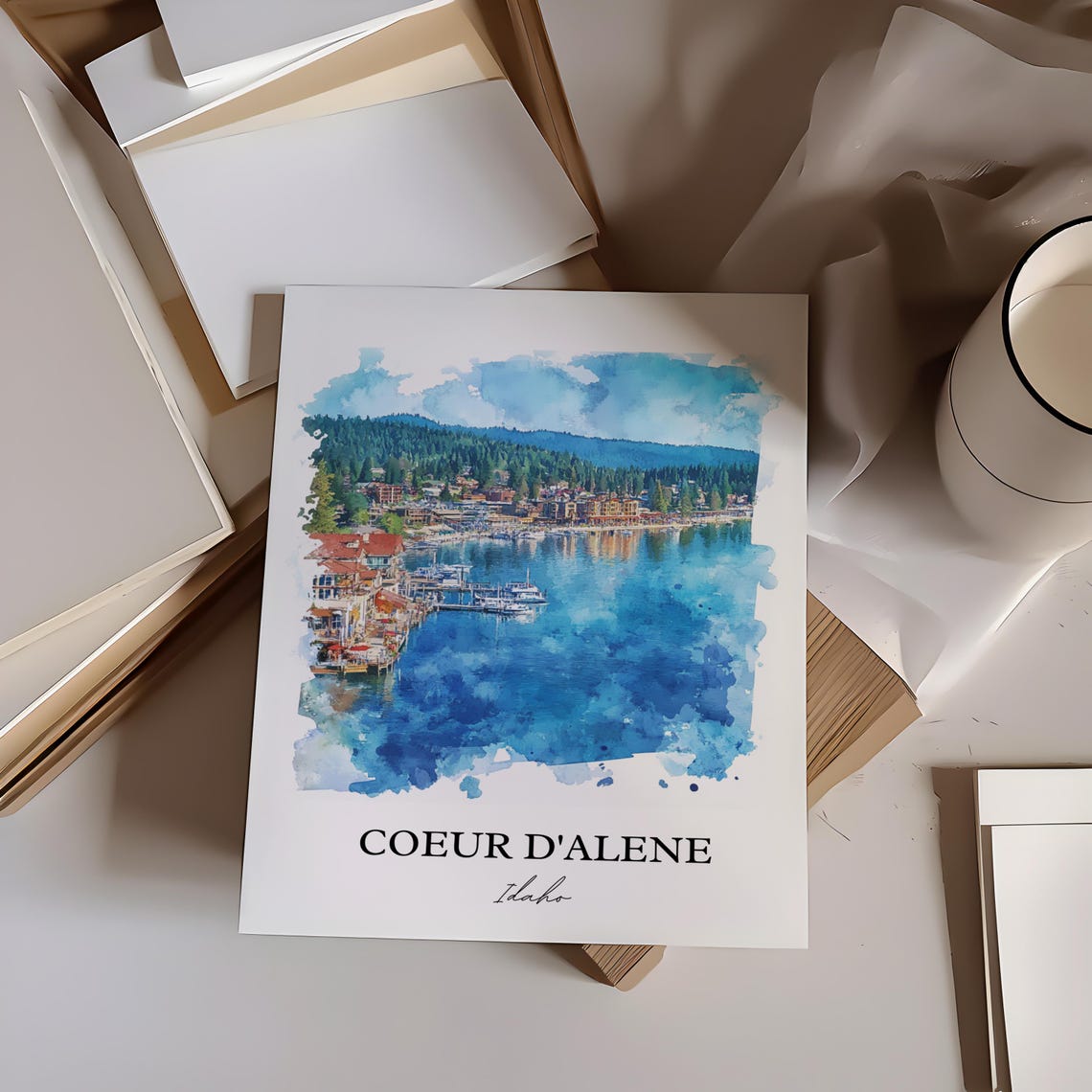 Coeur d'Alene Idaho Lakefront Harbor Watercolor Travel Poster - Image 3