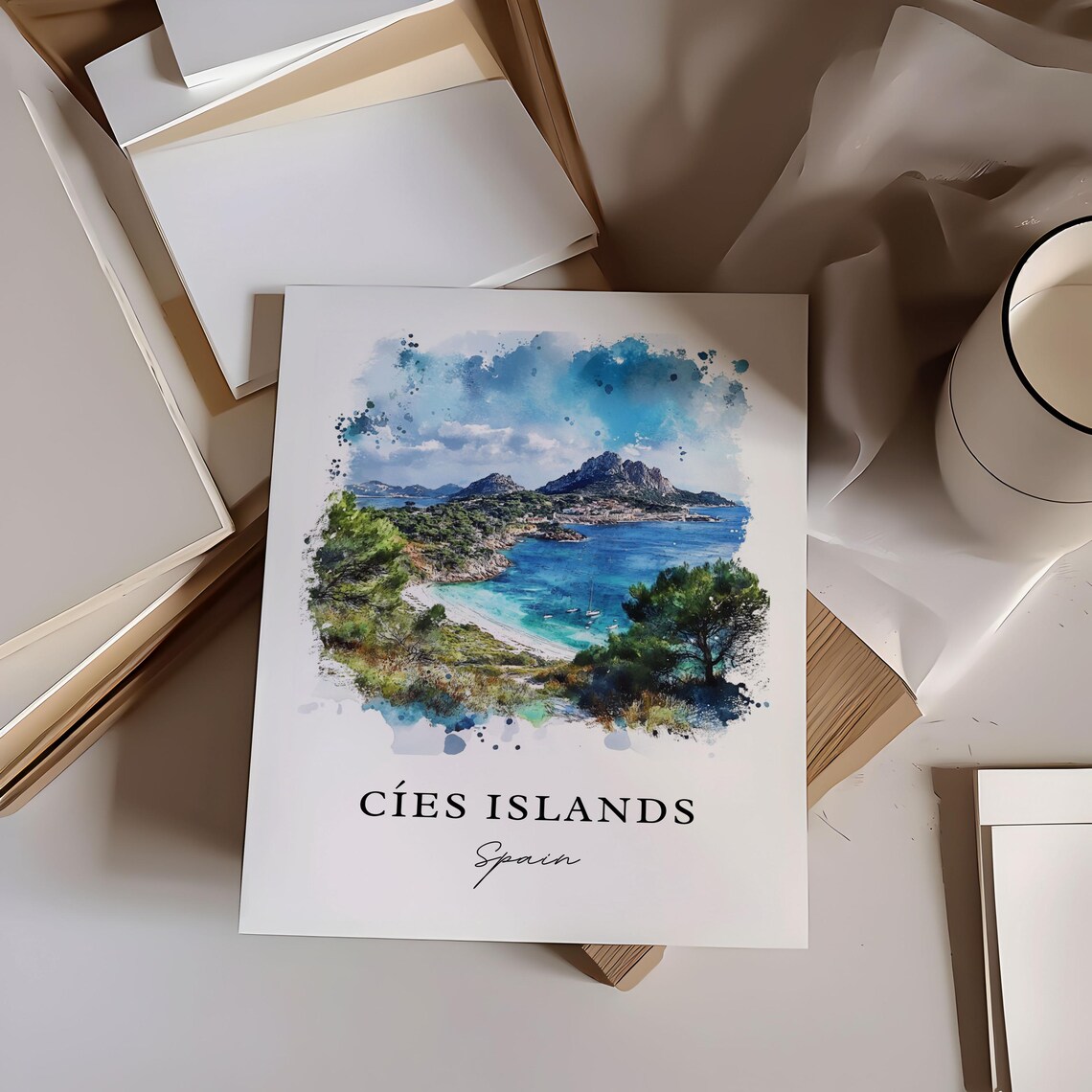 Cies Islands Spain Galicia Beach Coast Watercolor Travel Poster - Image 5