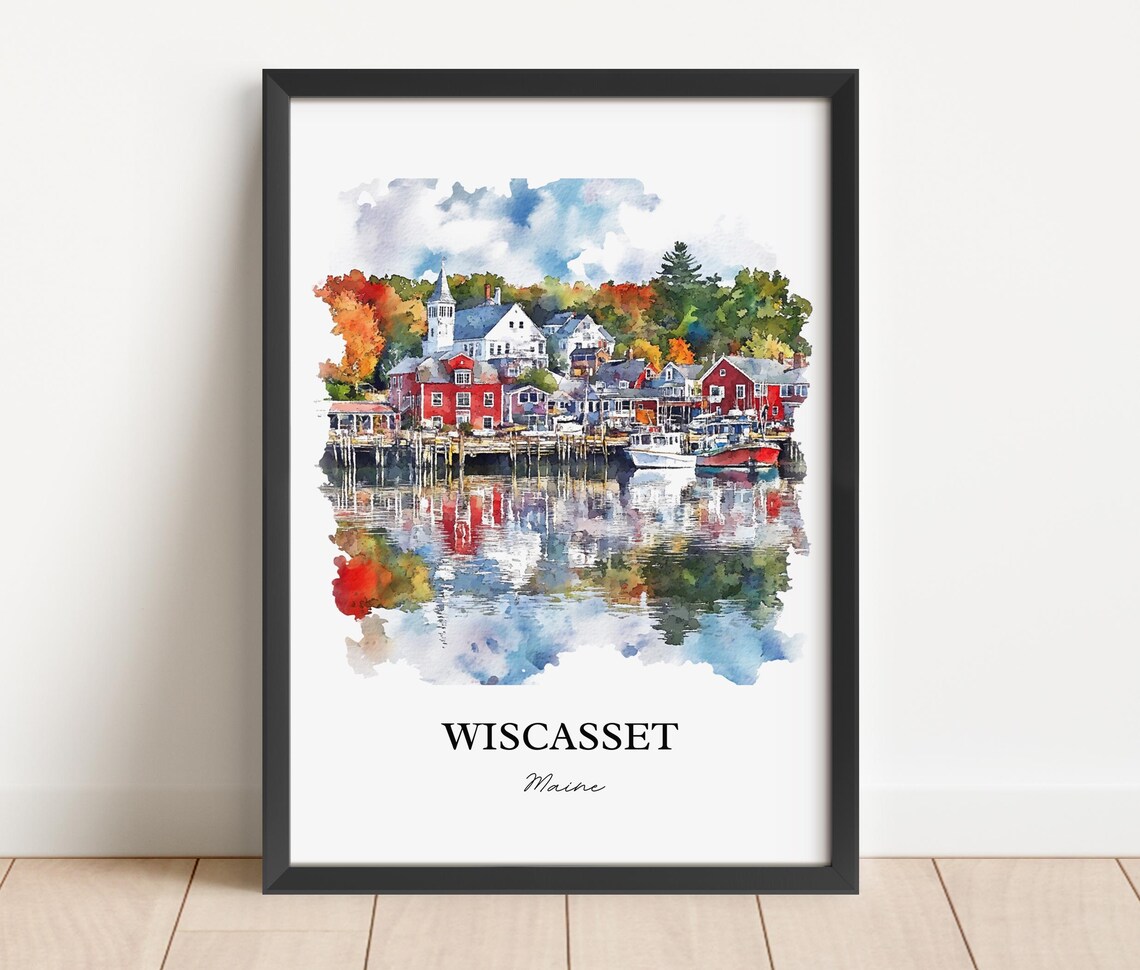 Wiscasset Maine Harbor Fishing Village Autumn Watercolor Travel Poster - Image 3