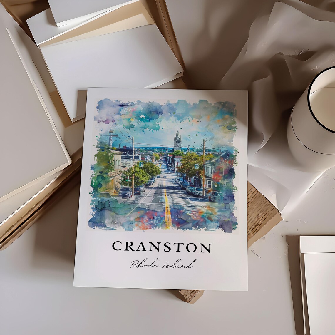 Cranston Rhode Island Downtown Street Watercolor Hometown Poster - Image 6