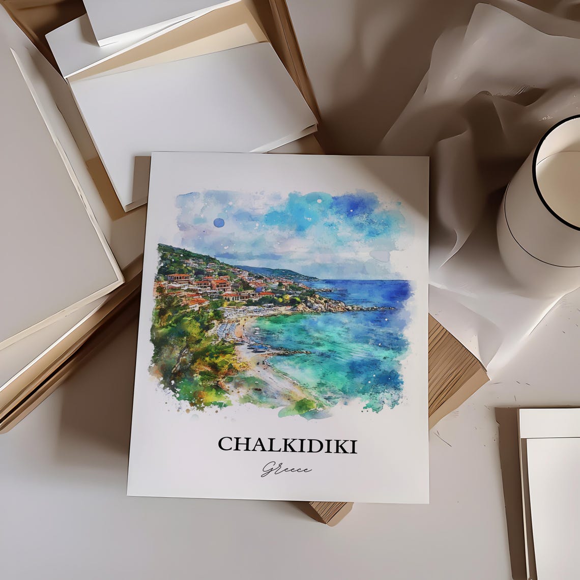 Chalkidiki Greece Coast Peninsula Beach Watercolor Travel Poster - Image 5