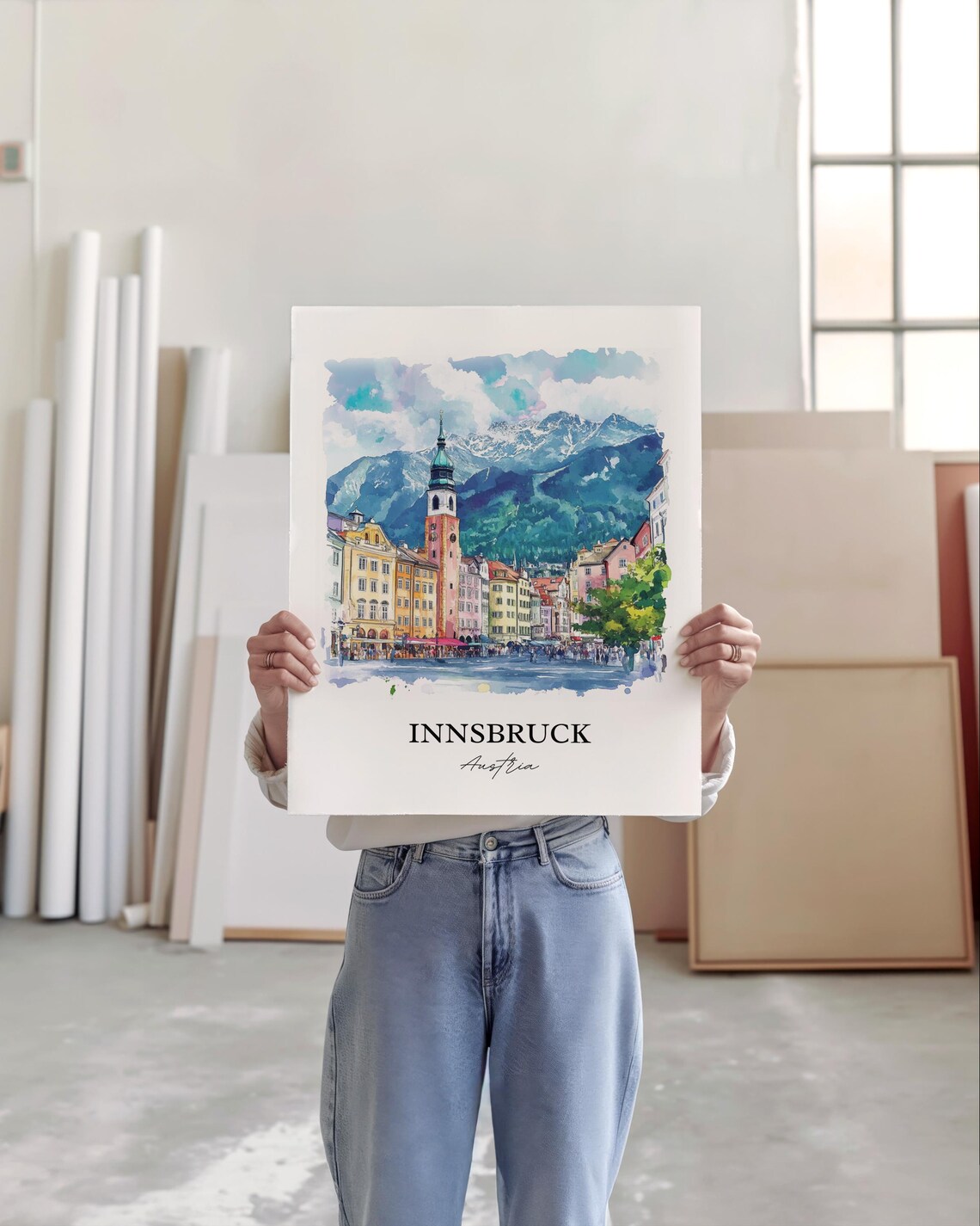 Innsbruck Austria Alpine Old Town Tower Watercolor Travel Poster - Image 3