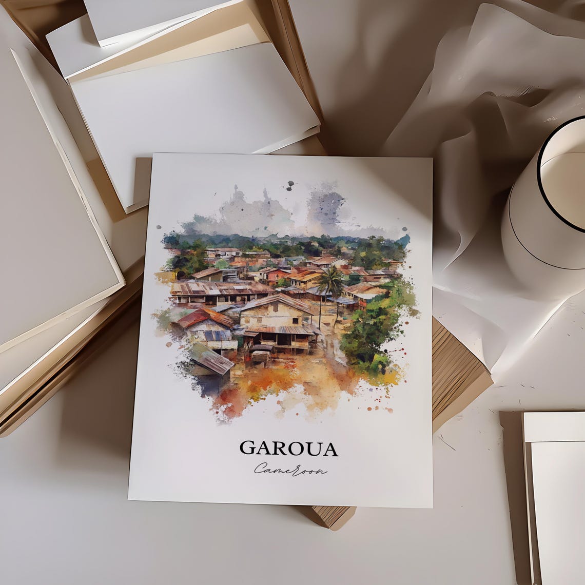 Garoua Cameroon Watercolor African Village Rooftops Art Poster - Image 4