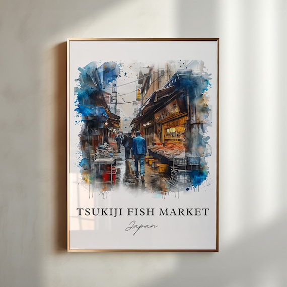 Tsukiji Fish Market Art Print Chuo Tokyo Japan Watercolor Gift Travel Poster Housewarming