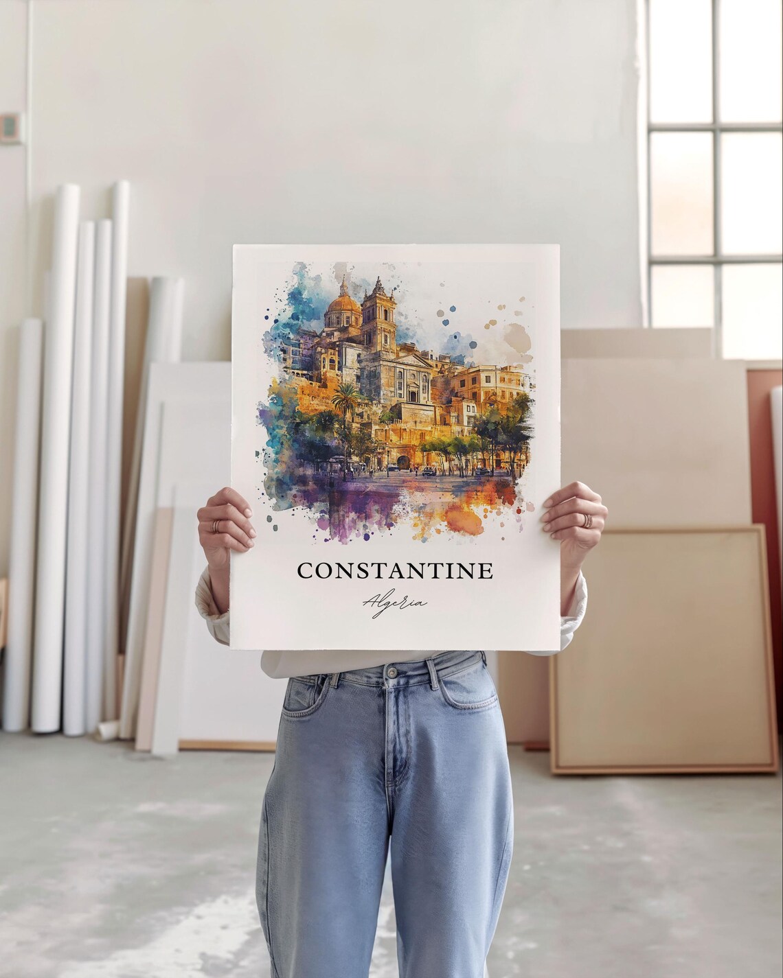 Constantine Algeria Golden Hilltop Old Town Watercolor Travel Poster - Image 4