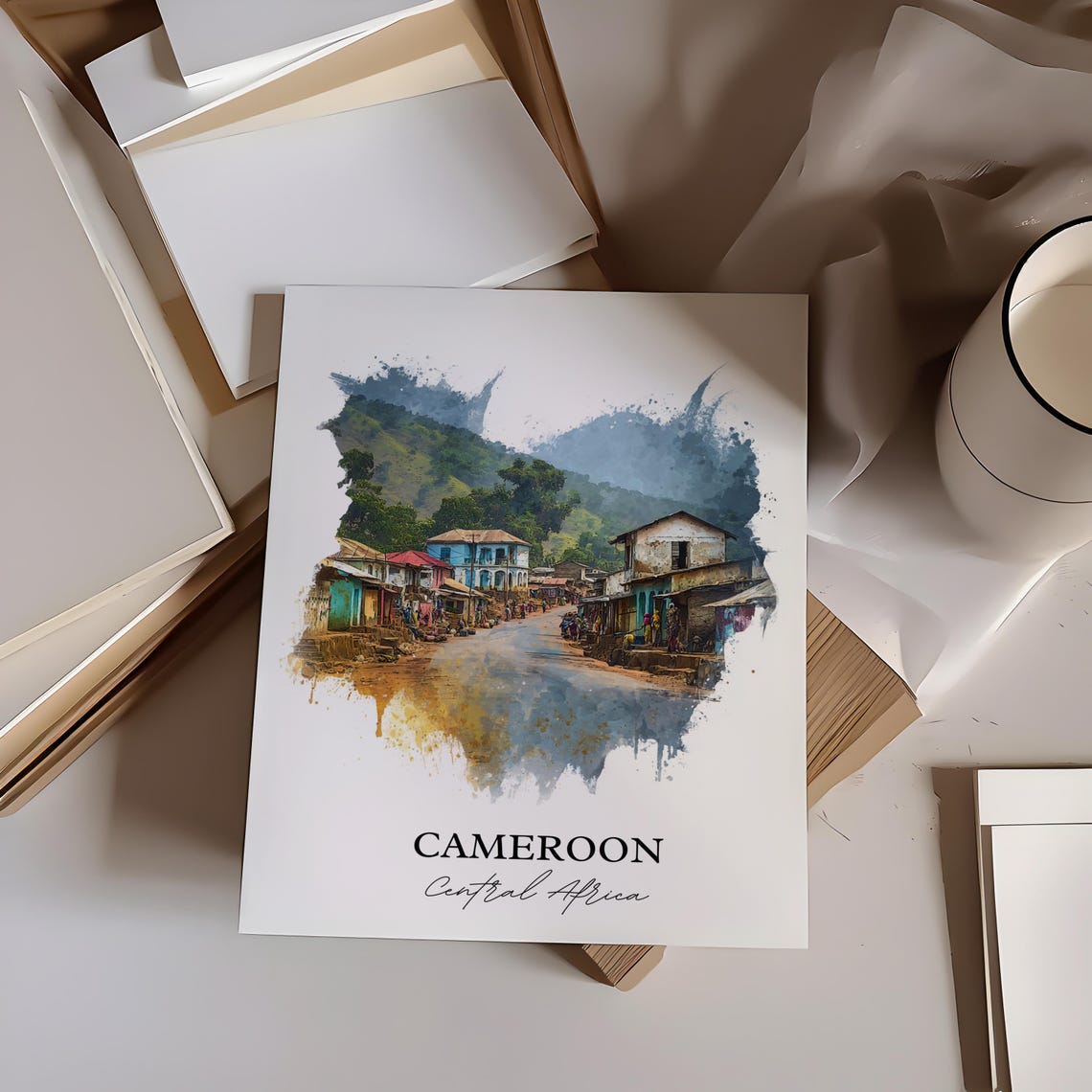 Cameroon Central Africa Hill Town Street Watercolor Travel Poster - Image 3