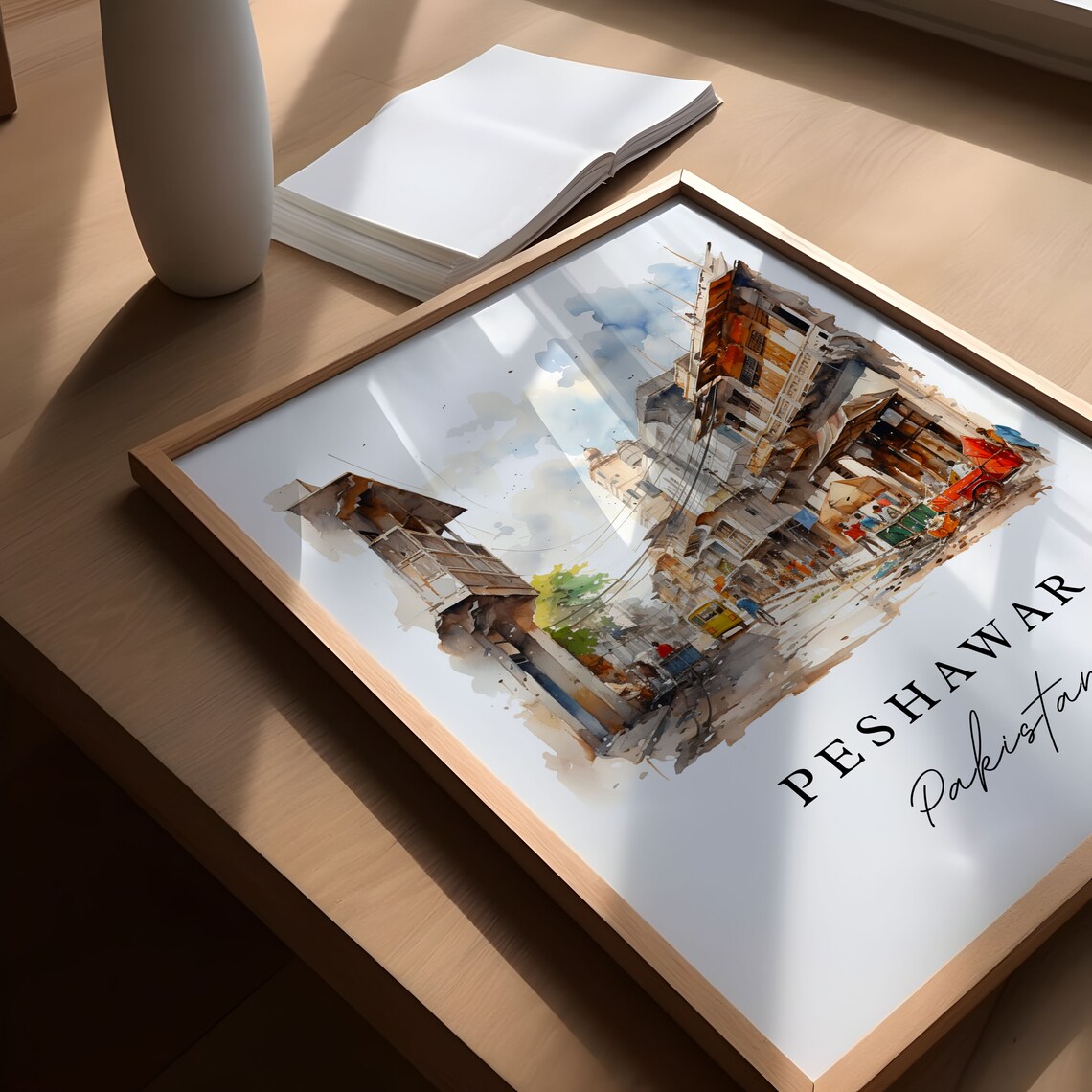 Peshawar Pakistan Watercolor Old City Bazaar Street Scene Poster - Image 5