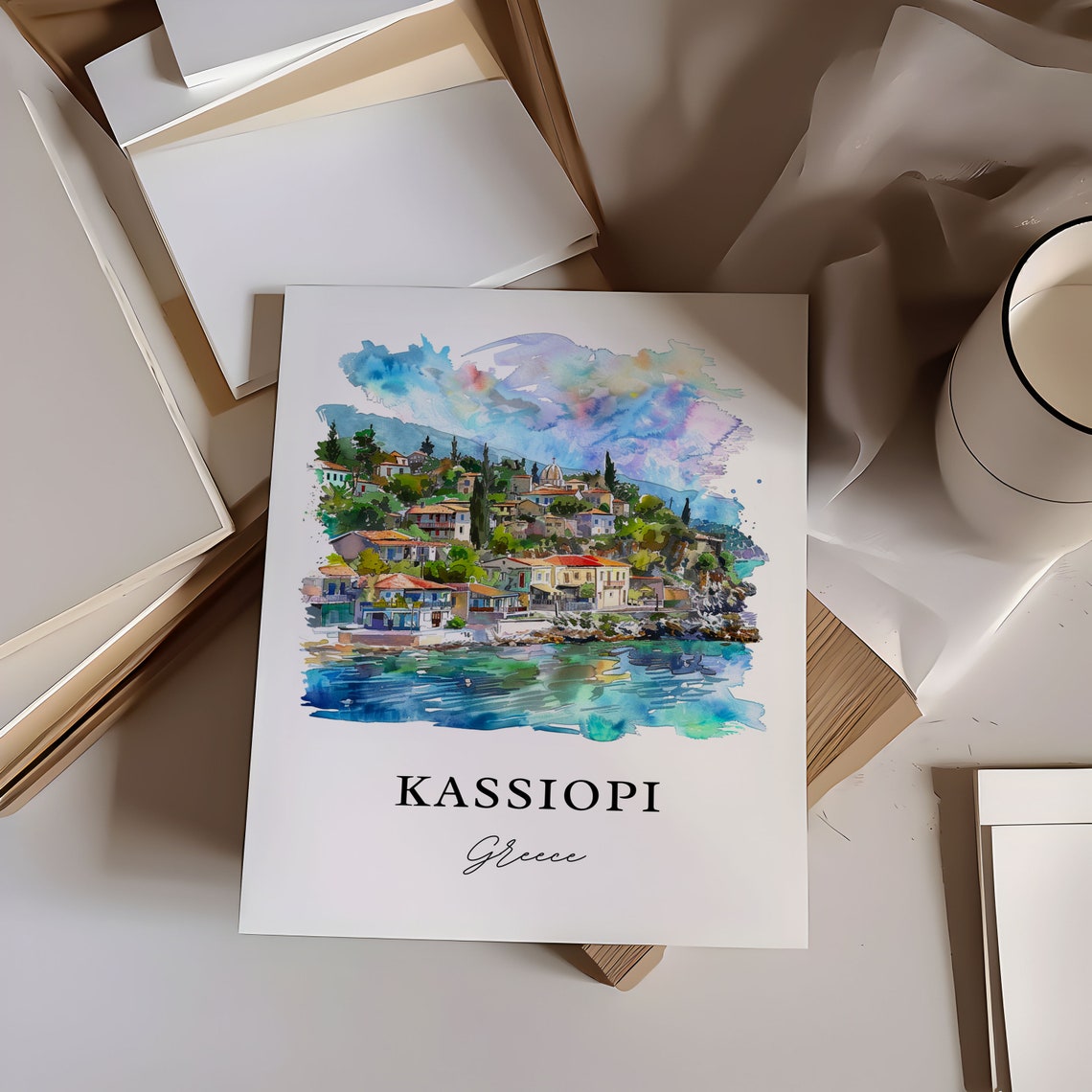 Kassiopi Corfu Greece Coastal Village Harbor Watercolor Poster - Image 5