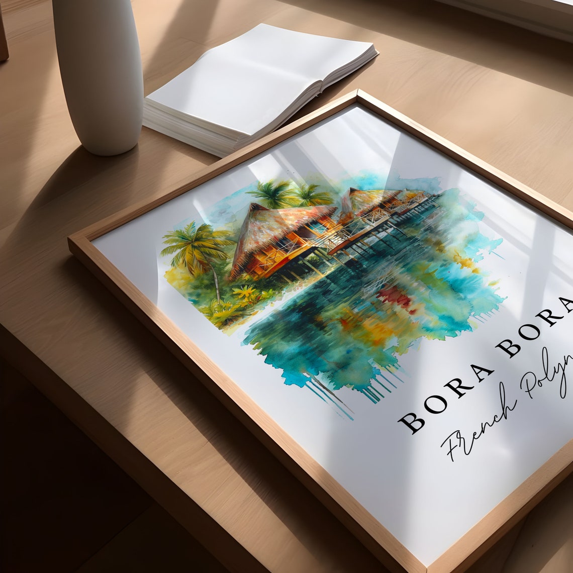 Bora Bora French Polynesia Overwater Bungalows Watercolor Poster - Image 4