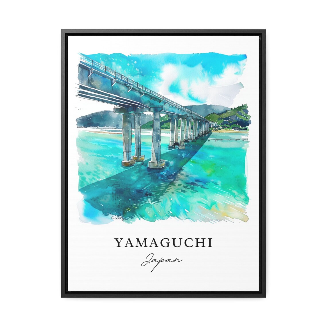 Yamaguchi Japan Bridge Over Turquoise Water Watercolor Travel Poster - Image 3