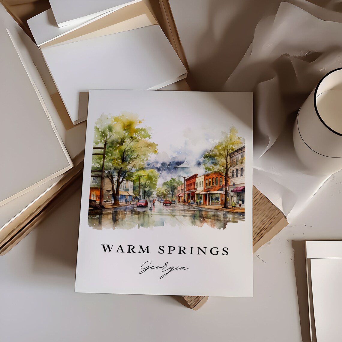 Warm Springs Georgia Watercolor Rainy Main Street Shops Poster - Image 6