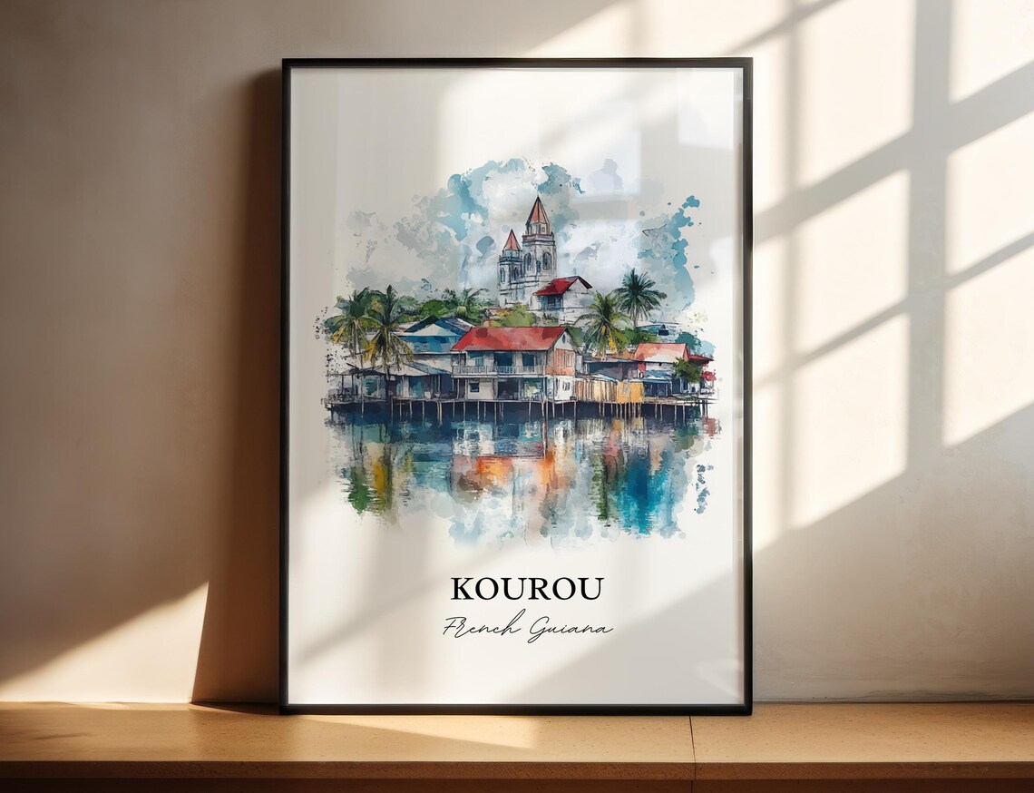 Kourou French Guiana Watercolor Waterfront Town Travel Poster