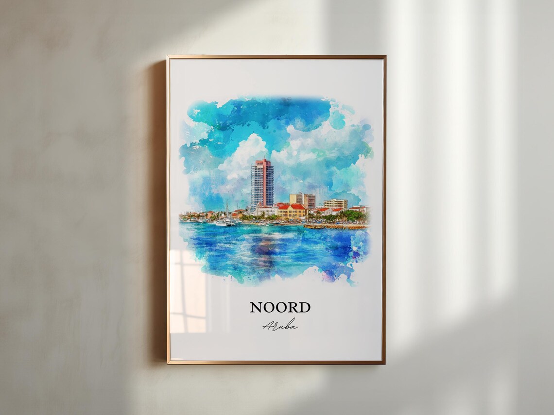 Noord Aruba Watercolor Coastal City Skyline Sea View Art Poster - Image 4