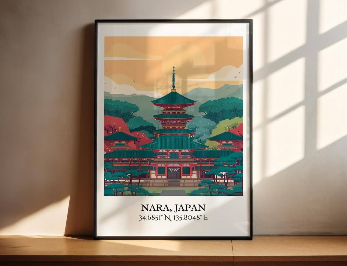 Nara Japan Five Storied Temple Pagoda Autumn Sunset Travel Poster