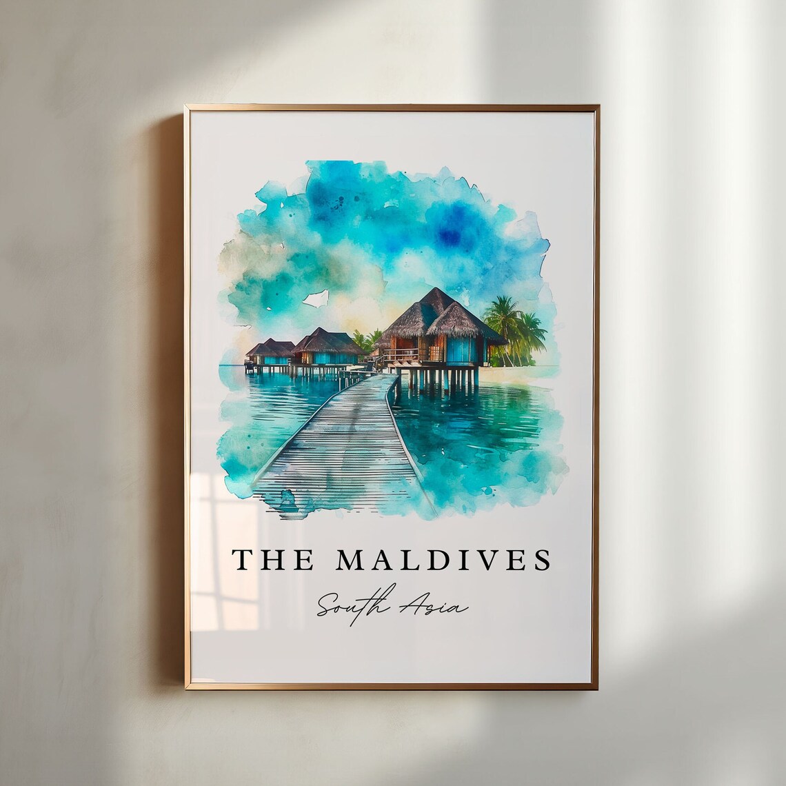 Maldives South Asia Overwater Villas Jetty Watercolor Art Poster