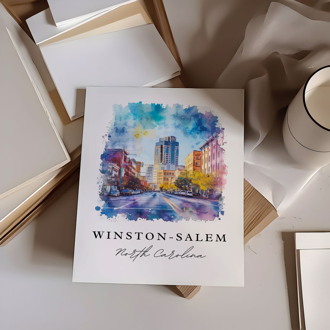 Winston-Salem North Carolina Downtown Street Watercolor Poster - Image 5