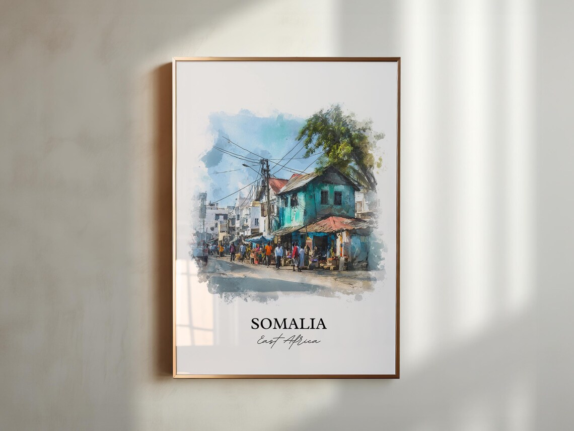 Somalia East Africa Market Street Scene Watercolor Travel Poster - Image 3