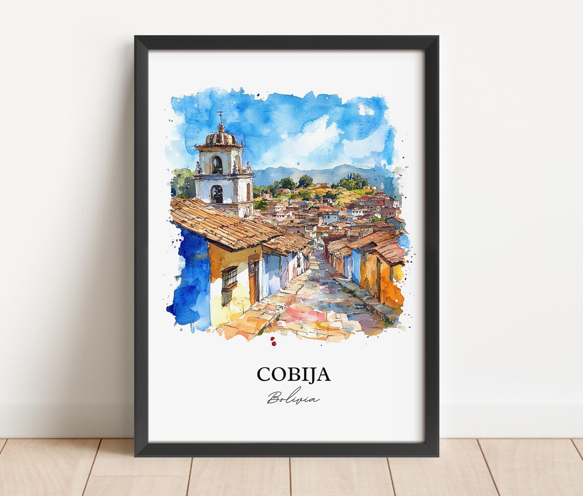 Cobija Bolivia Watercolor Colonial Cobblestone Street Poster - Image 4