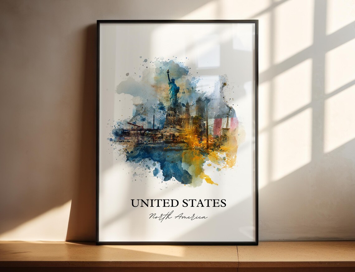United States Statue of Liberty Skyline Watercolor Art Poster