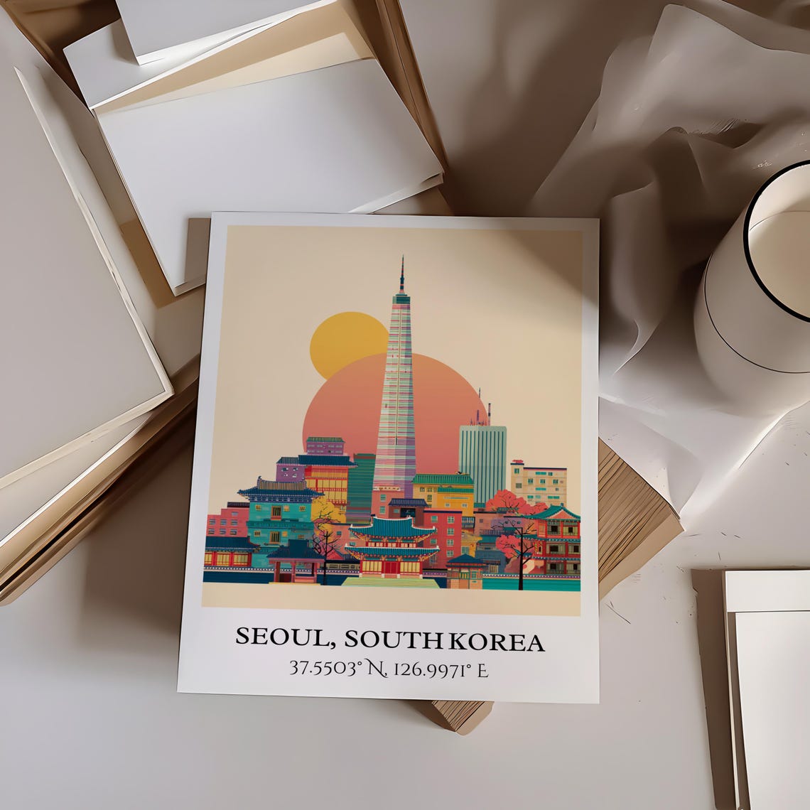 Seoul South Korea Lotte Tower Palace Rooftops Retro Travel Art Poster - Image 4