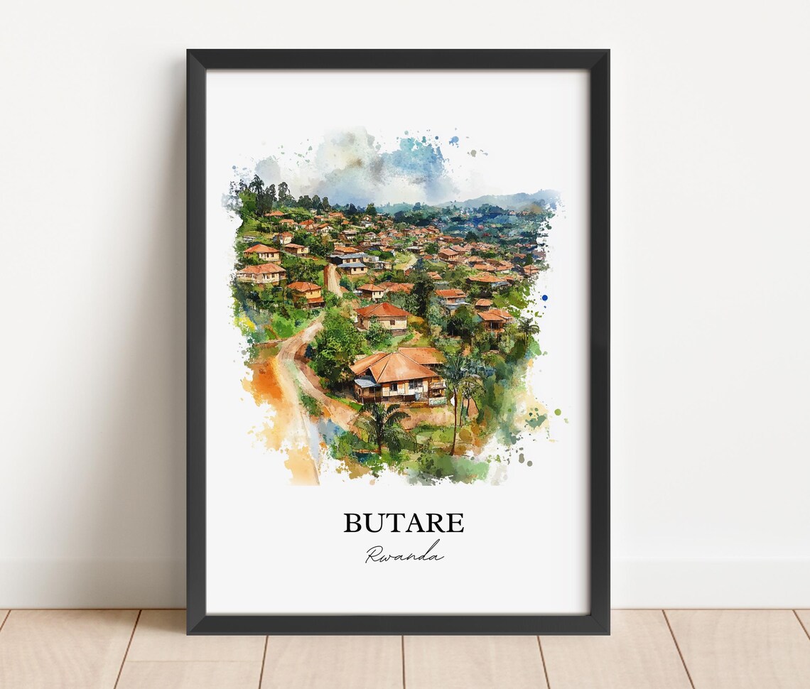 Butare Rwanda Green Hill Town Watercolor Scenic Travel Poster - Image 3
