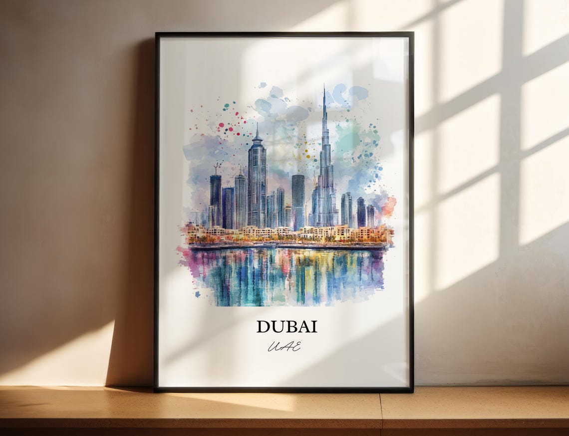 Dubai UAE Watercolor Modern Skyline Burj Khalifa Waterfront Poster