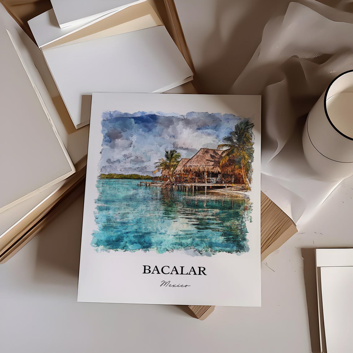 Bacalar Mexico Turquoise Lagoon Palms Watercolor Travel Poster - Image 2