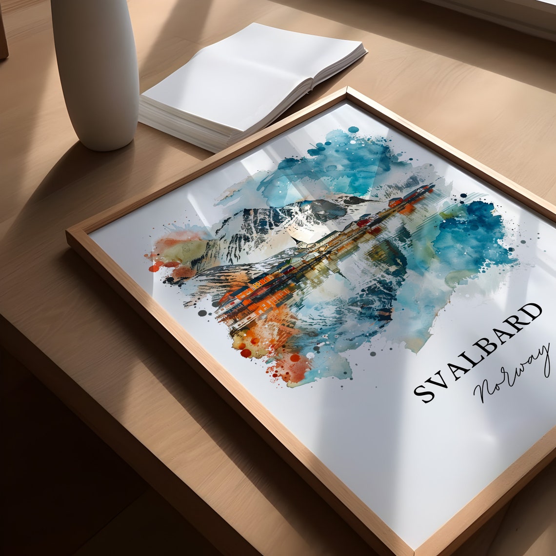 Svalbard Norway Watercolor Arctic Village Snowy Mountain Peak Poster - Image 5