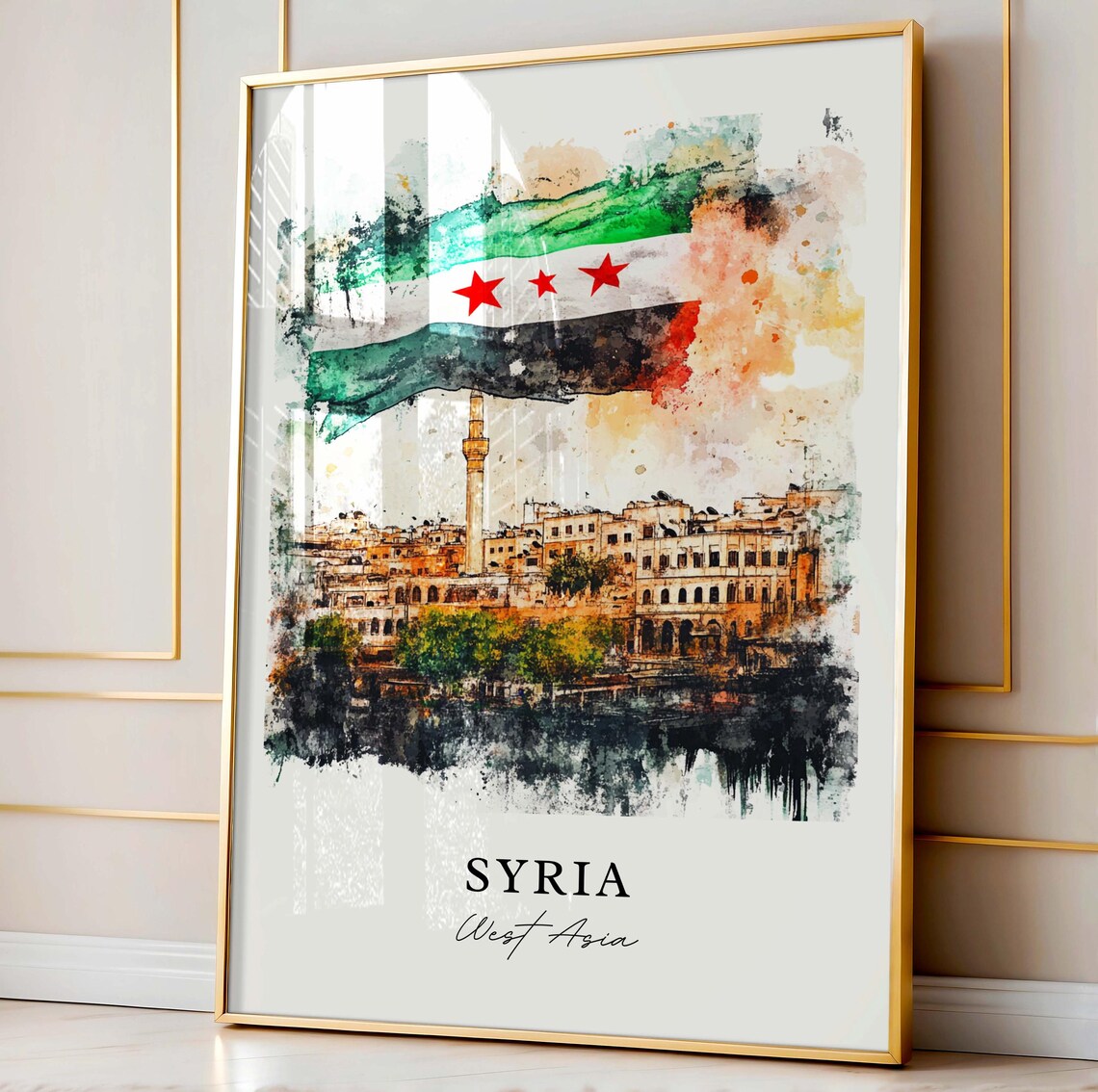 Syria Watercolor New Flag Old Town Minaret Damascus West Asia Poster - Image 3