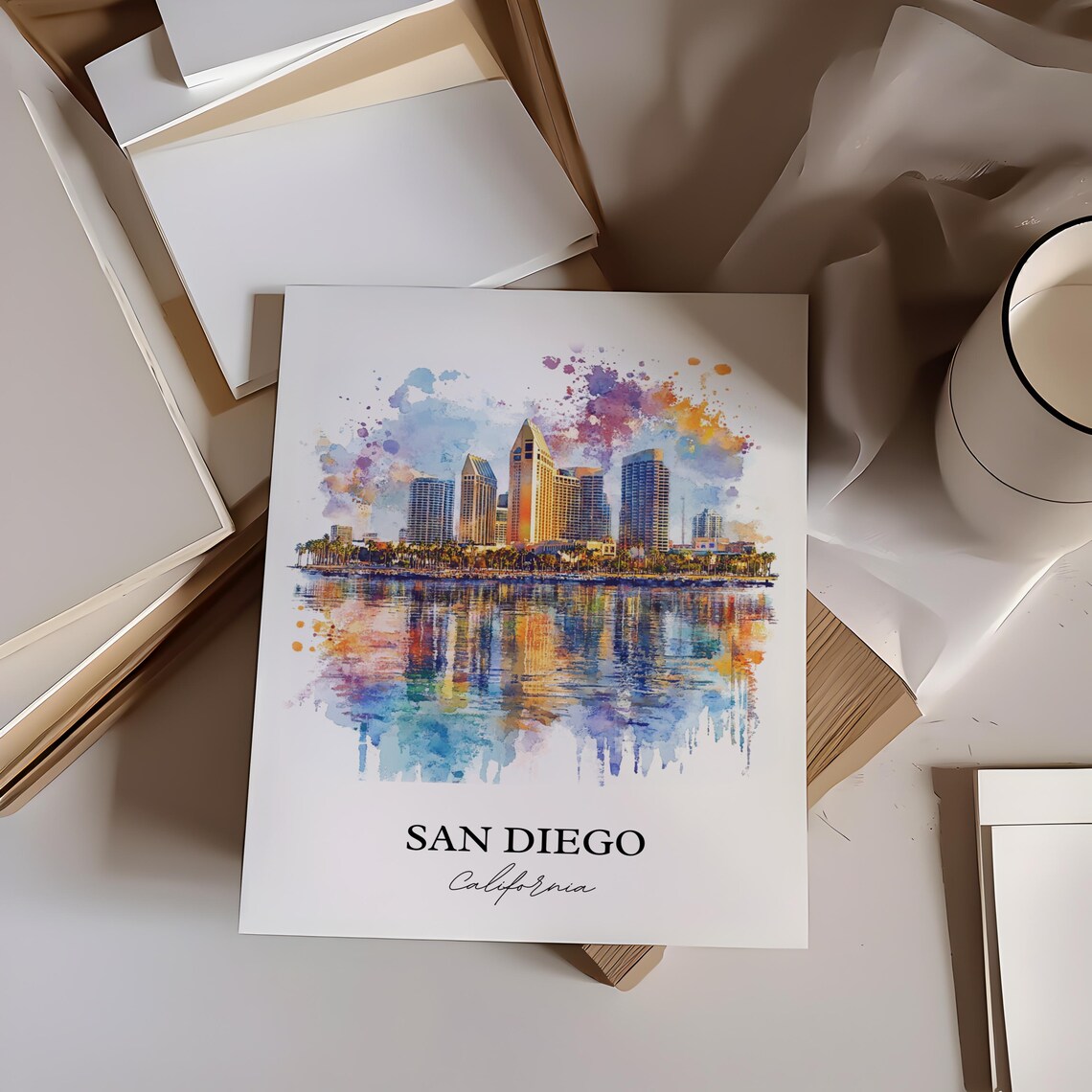 San Diego California Skyline Palm Trees Watercolor Travel Poster - Image 2