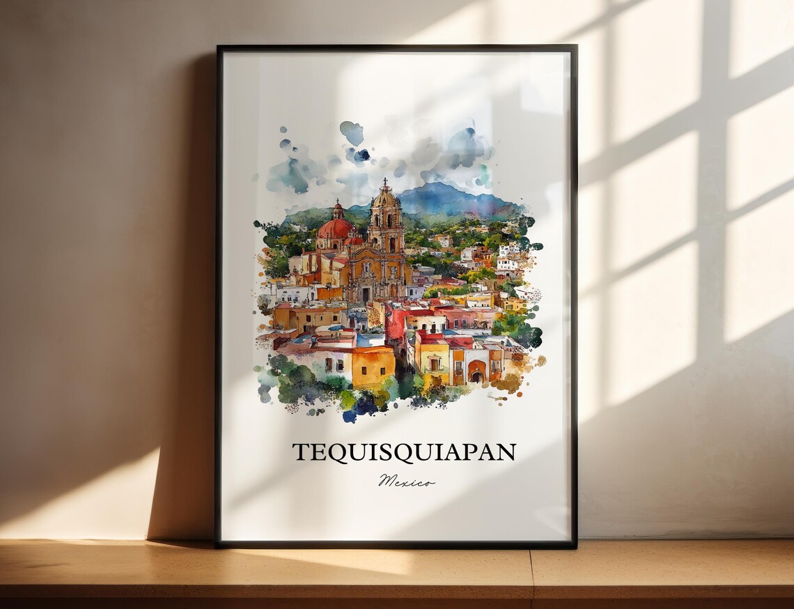 Tequisquiapan Mexico Watercolor Church Red Domes Town View Poster