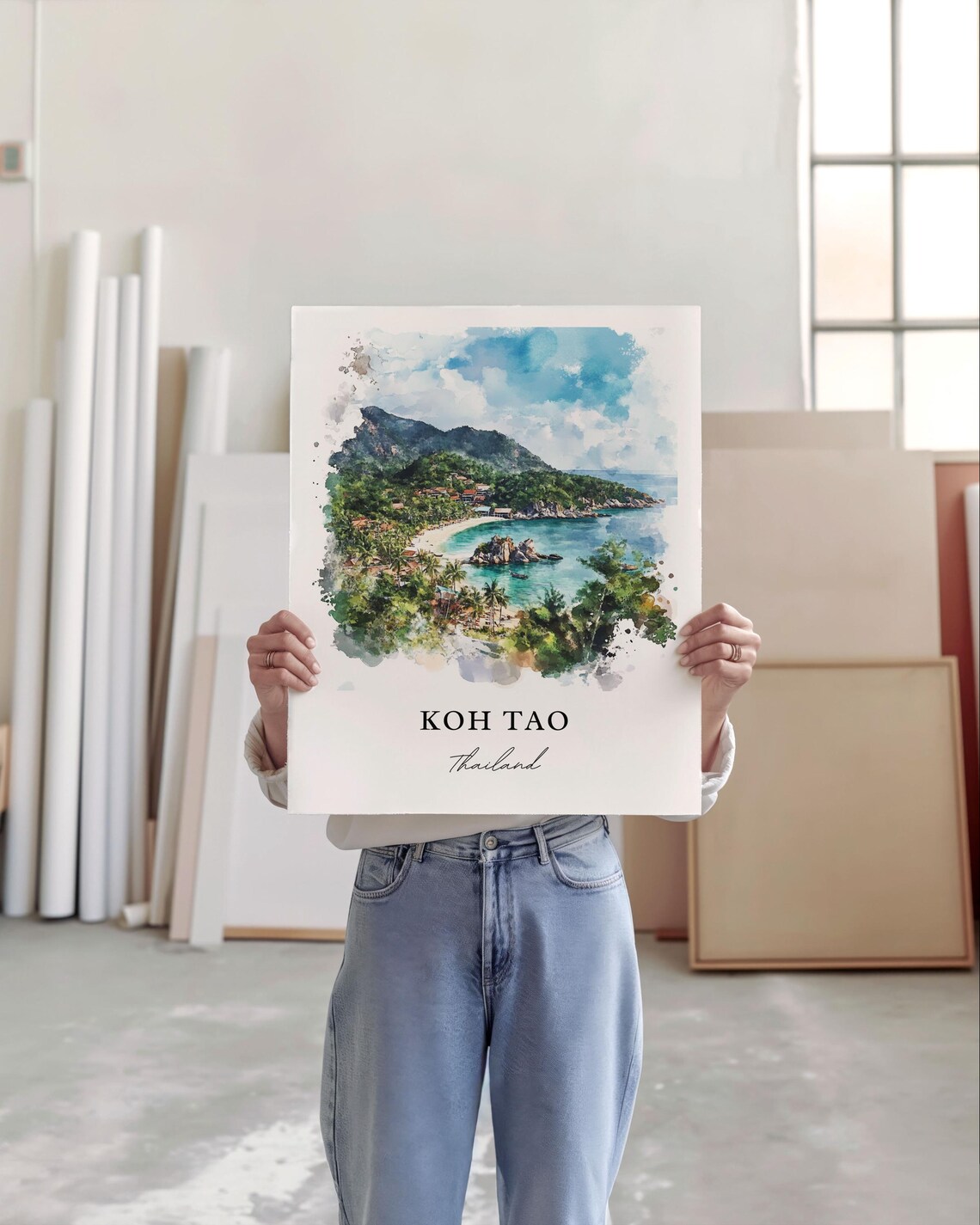 Koh Tao Thailand Turquoise Bay Palm Beach Watercolor Travel Poster - Image 5