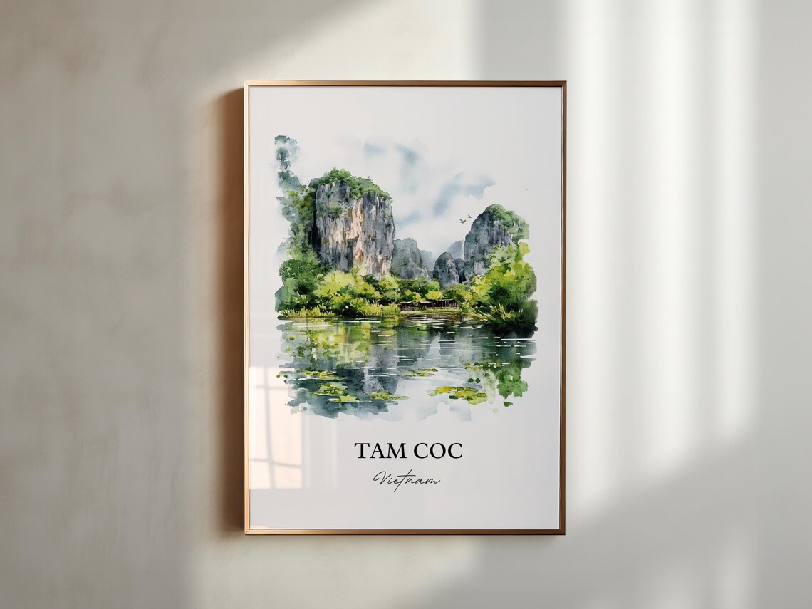 Tam Coc Vietnam Watercolor Limestone Karst River Landscape Poster - Image 3