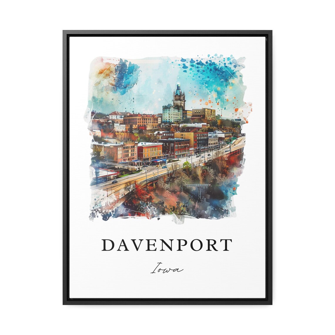 Davenport Iowa Watercolor Downtown Skyline Clock Tower Poster - Image 2