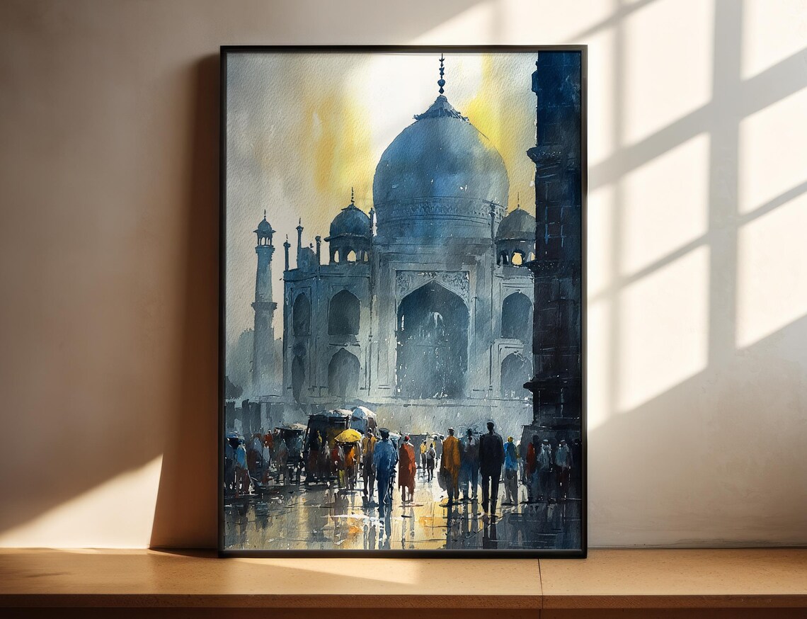 Agra India Taj Mahal Watercolor Poster Mughal Architecture Crowd Art