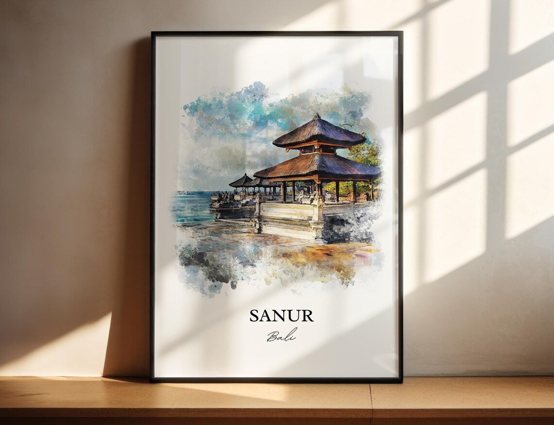 Sanur Bali Watercolor Seaside Temple Calm Ocean Waves Poster