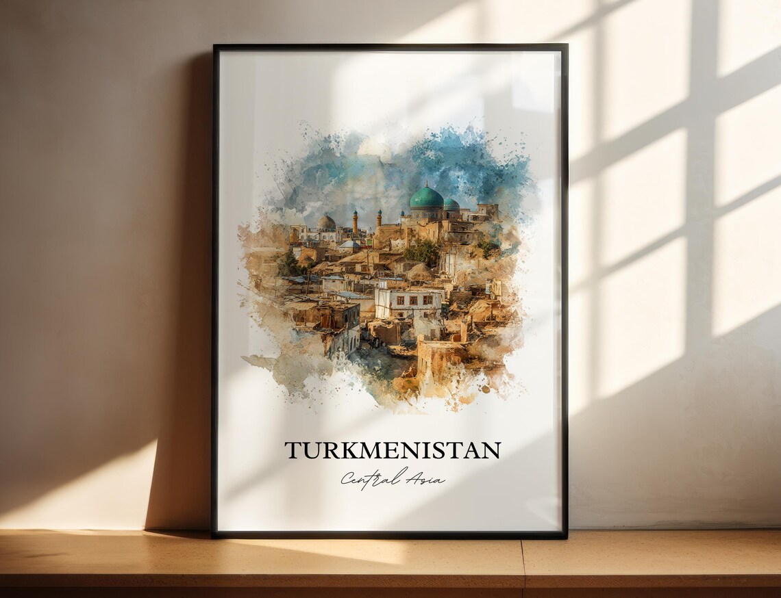 Turkmenistan Central Asia Watercolor Art Desert City Domes Poster